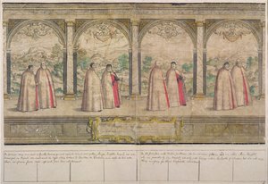 Imaginäre zusammengesetzte Prozession des Hosenbandordens in Windsor, graviert von Marcus Gheeraerts dem Älteren (1521-86) 1576 (Farbradierung) von English School